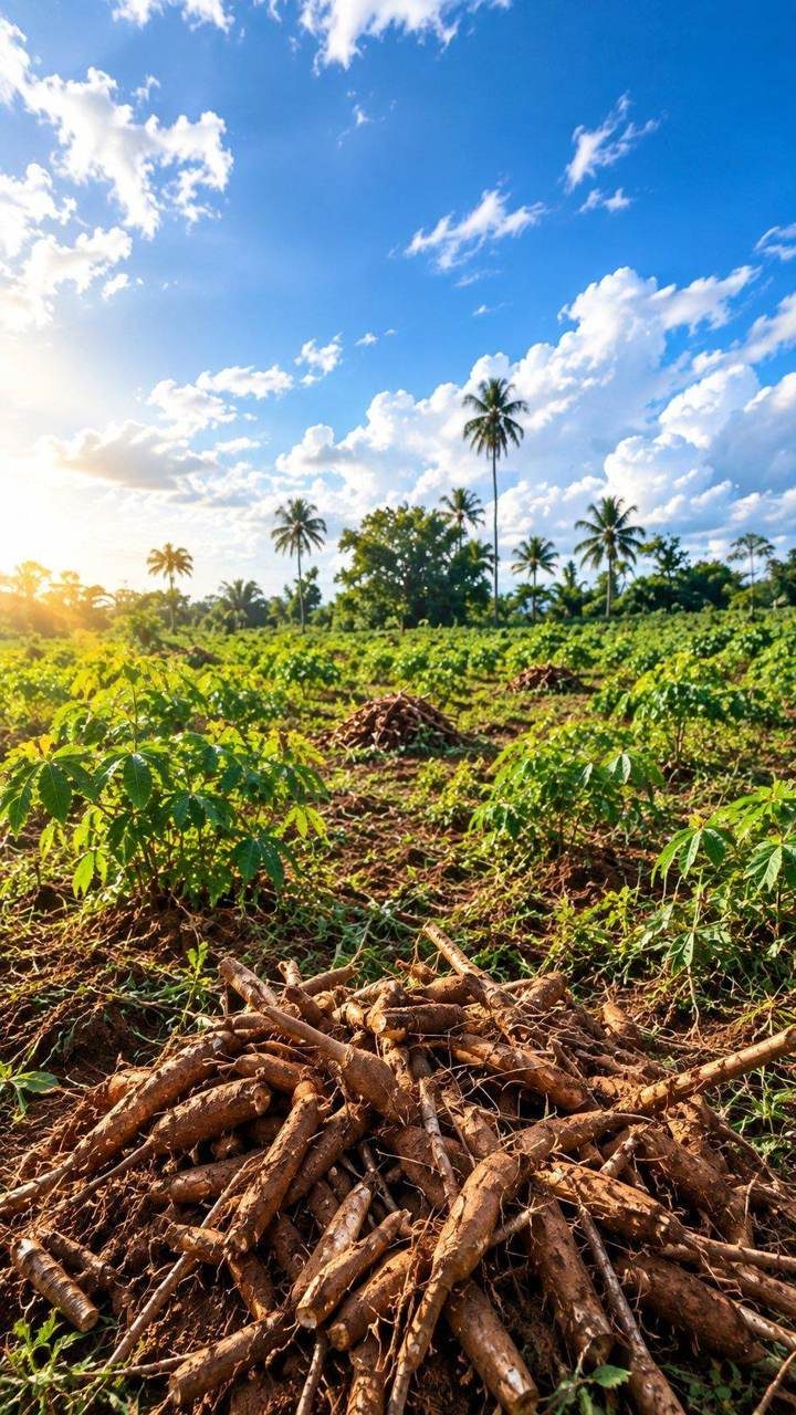Cassava field under a blue sky with harvested roots in the foreground