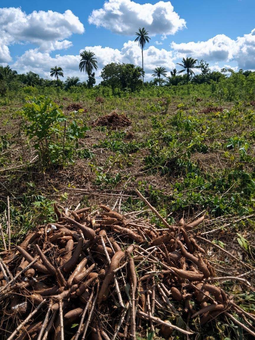Cassava harvest laid out on the farm