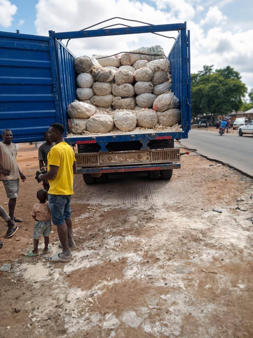 Truck loaded with bagged cassava chips